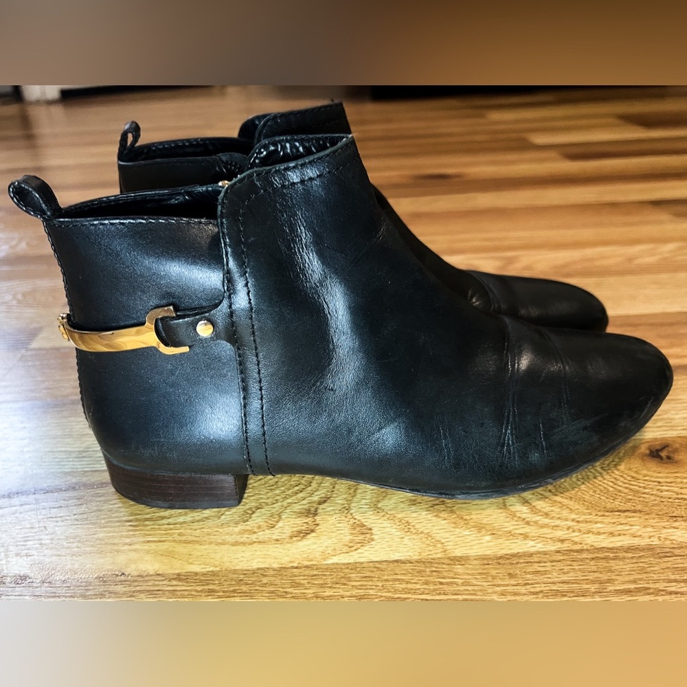 Tory Burch Black Leather Ankle Booties with Gold Accent